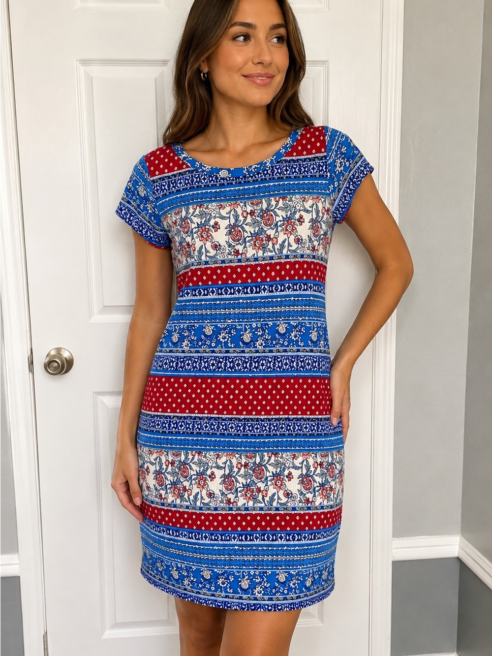 Cato Striped Floral Midi Dress in Red, Blue, and White